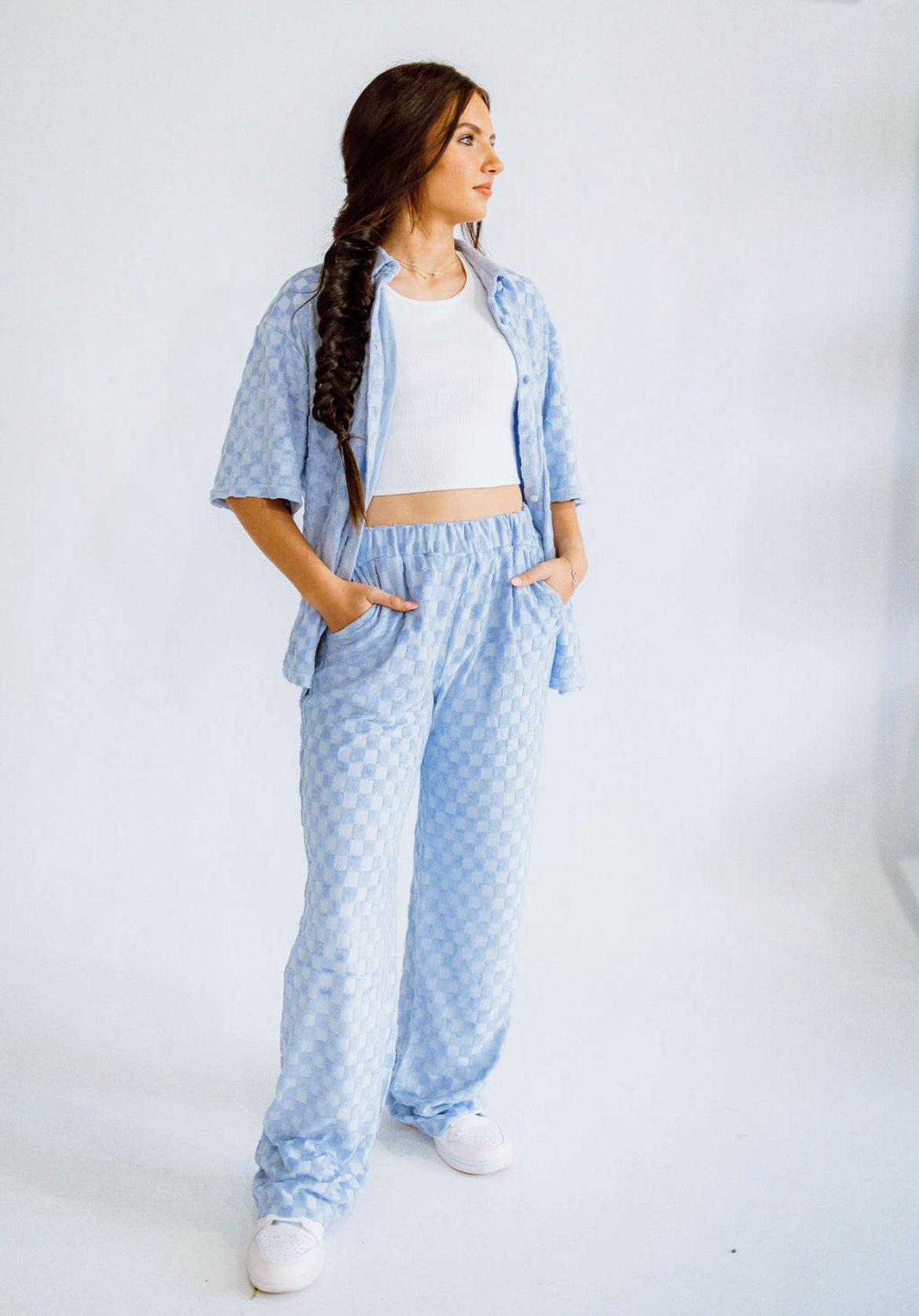 Checkered Terry Knit Relaxed Pants