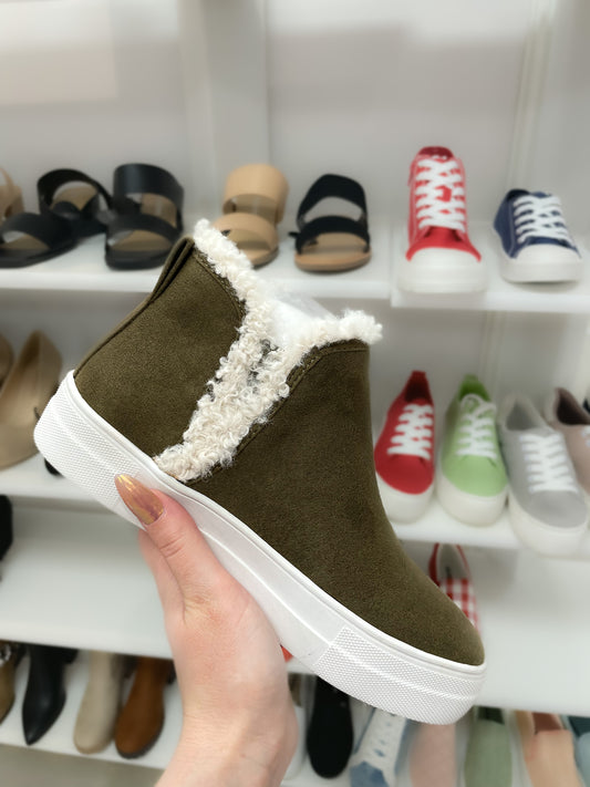 Olive High Top Suede and Fleece Sneaker